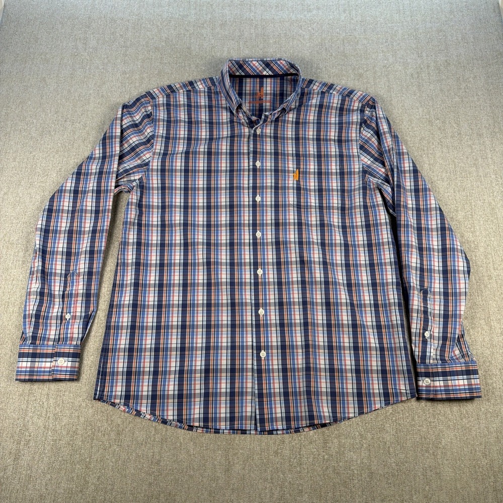 Johnnie O Shirt Men Large Blue Orange Plaid PREP-FORMANCE Bamboo Nylon Blend